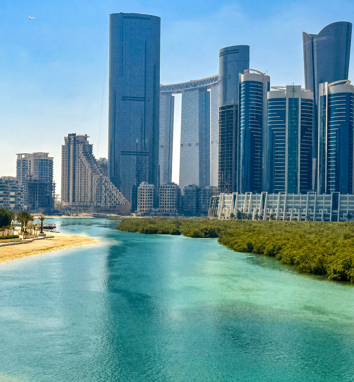 Al Reem Island skyline and mangroves viewed from the bridge to Saadiyat Island, June 2026